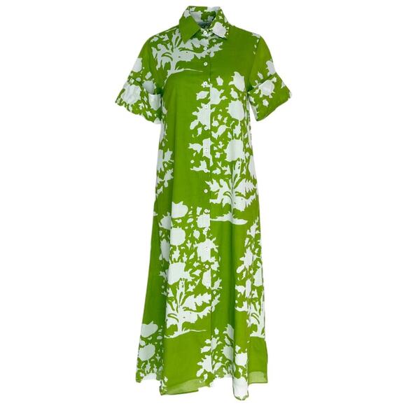 Livro Gibbons Short Sleeve Collared Button Down Midi Dress Lime Green Bouquet M - Picture 1 of 8